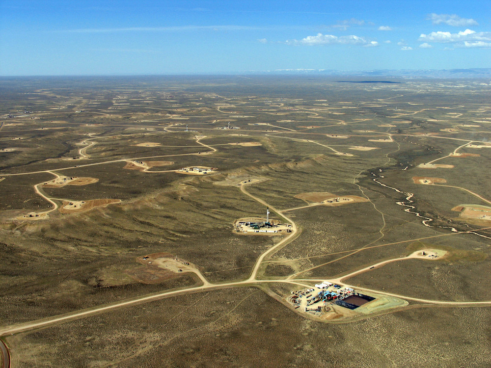 Aerial shot of natural gas infrastructure in the Jonah Field of western Wyoming