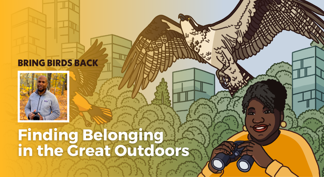 The Bring Birds Back podcast artwork featuring an illustration of host Tenijah Hamilton on the right side and a picture of guest Dudley Edmondson on the left side.