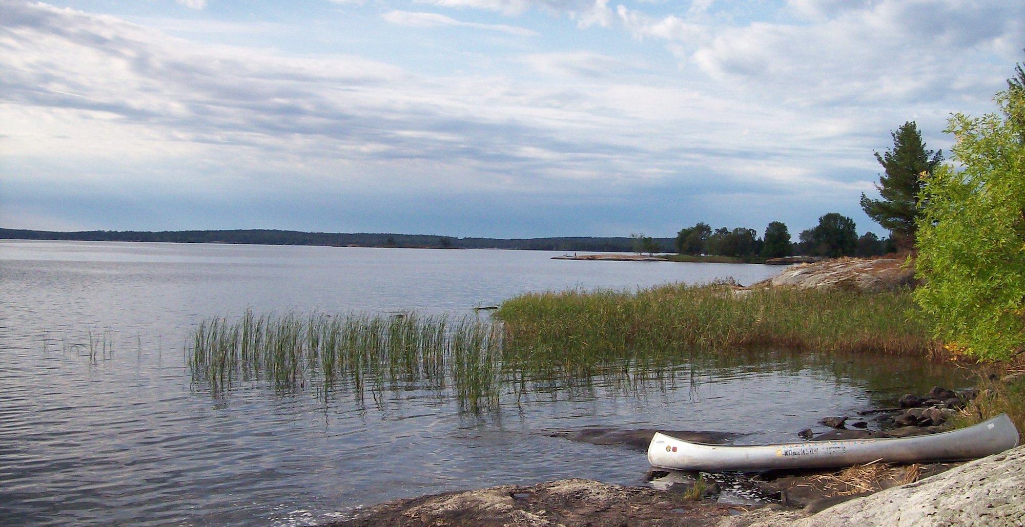 A canoe waits to be paddled through northern Minnesoat