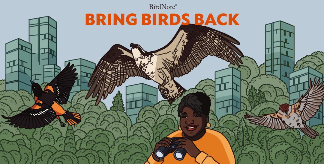 The Bring Birds Back podcast artwork featuring an illustration of host Tenijah Hamilton with three birds flying overhead. 