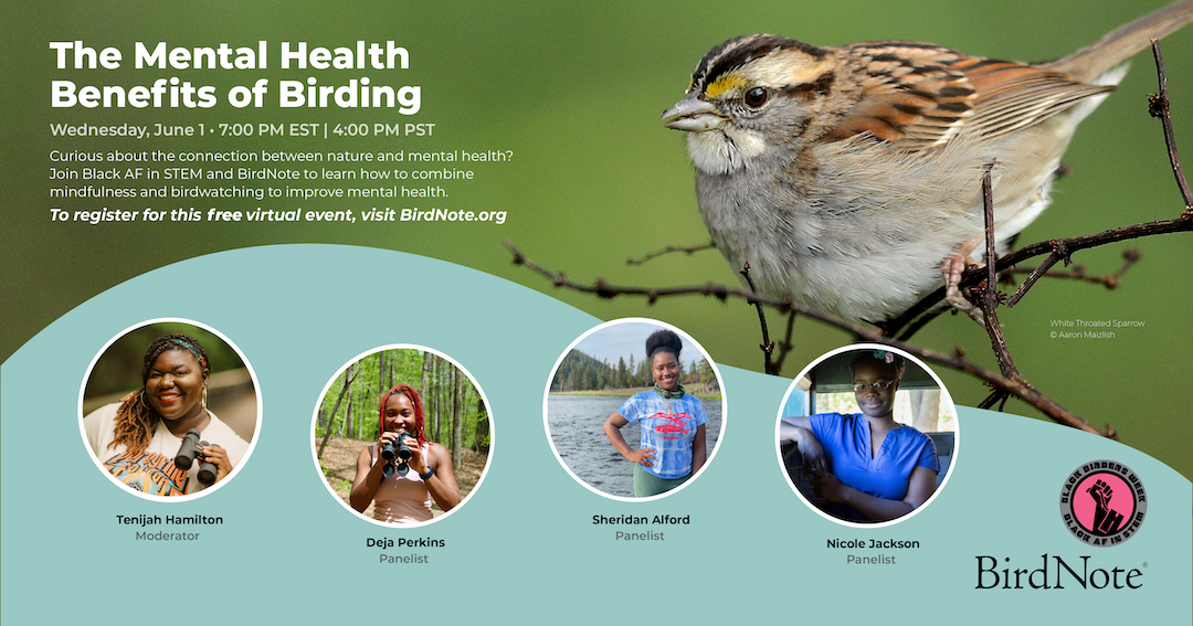 Event flyer for The Mental Health Benefits of Birding, featuring a White-throated Sparrow in the top right corner. 