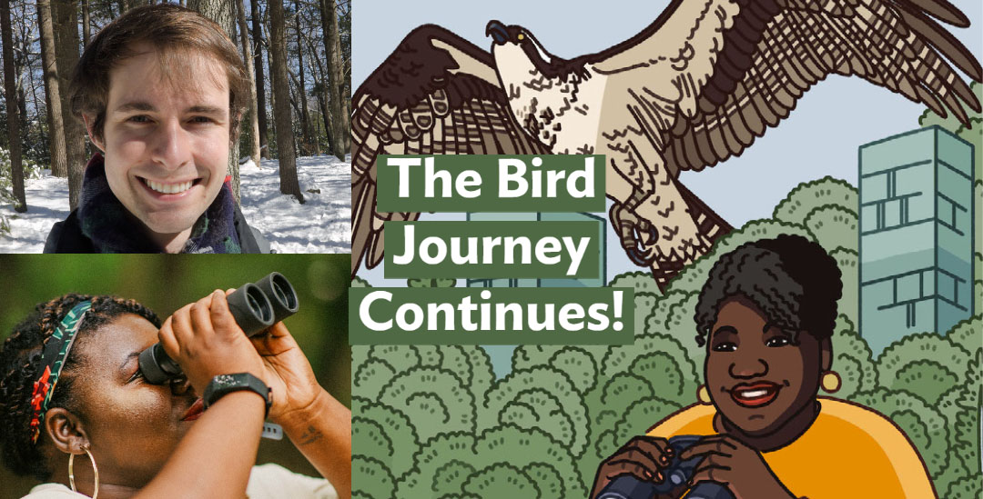A graphic with the Bring Birds Back artwork on the right side, a headshot of Conor Gearin in the top-left corner, and a photo of Tenijah Hamilton looking through binoculars in the bottom-left corner.