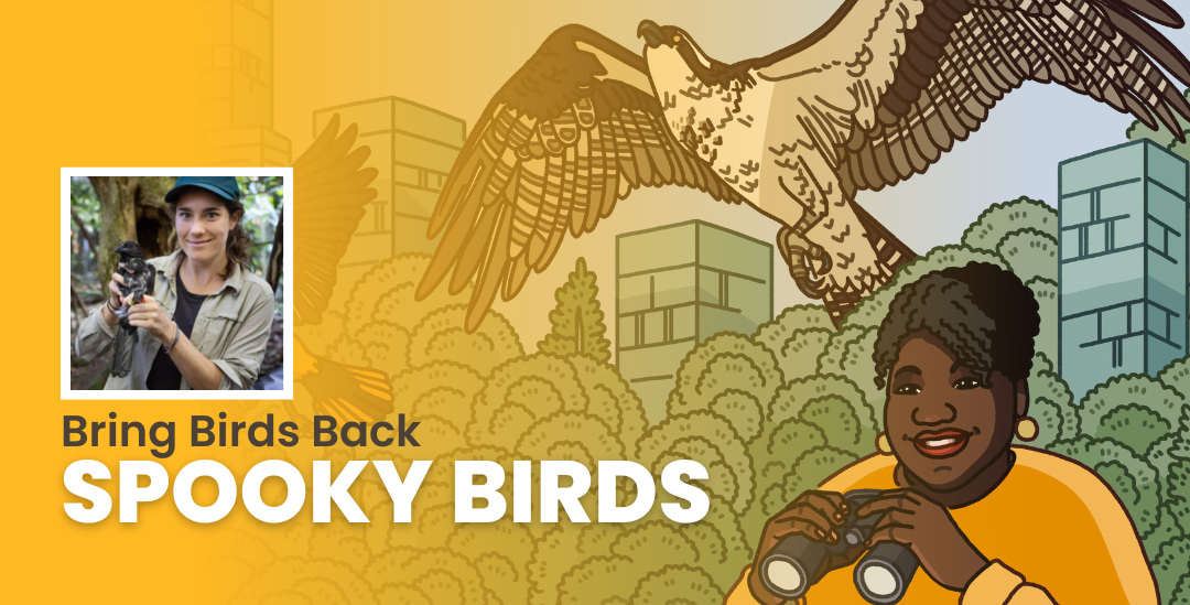 Episode promotional graphic for Bring Birds Back: "Spooky Birds" featuring the podcast artwork and headshot of guest, Kaeli Swift