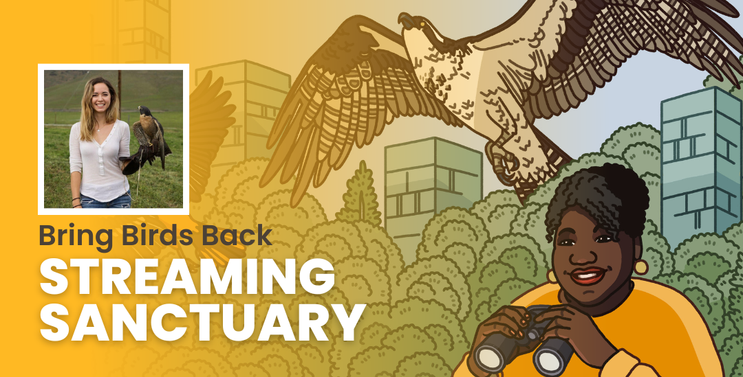 Episode promotional graphic for Bring Birds Back: "The Streaming Sanctuary" featuring the podcast artwork and headshot of guest, Maya Higa