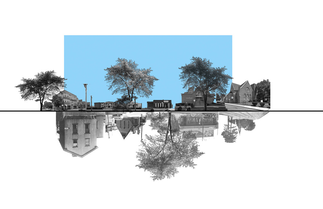 Rendering of the pavilion neighborhood, with a blue background