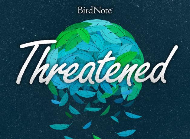 "Threatened" in front of a crumbling globe made of feathers