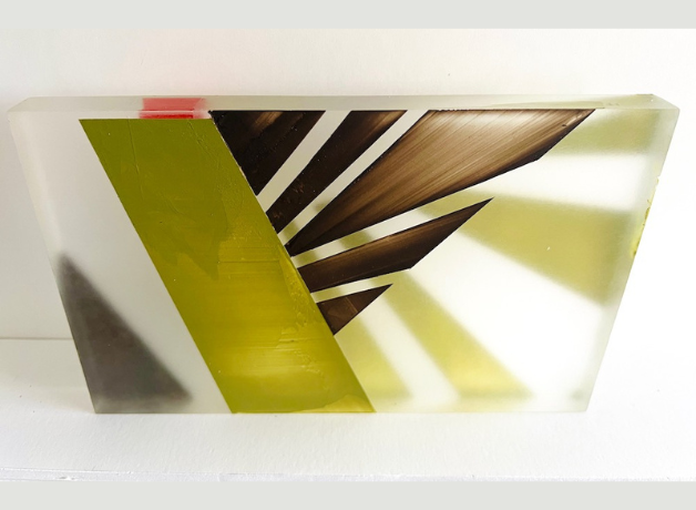 A painted plexiglass panel with an abstract depiction of a Ruby-crowned Kinglet