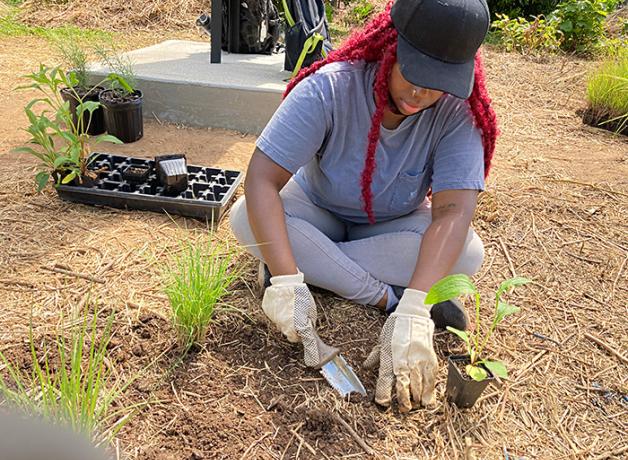 Volunteer planting flowers and grasses at the Atlanta Beltline