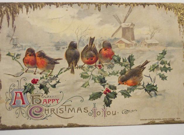 vintage drawing of songbirds on a holly bush