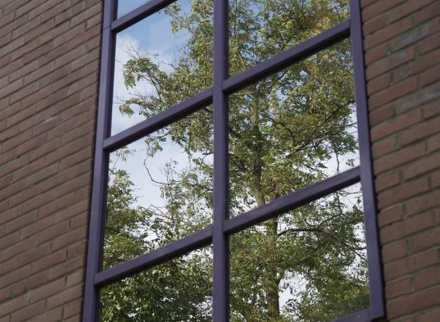 Window reflecting trees and sky