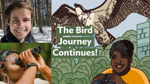A graphic with the Bring Birds Back artwork on the right side, a headshot of Conor Gearin in the top-left corner, and a photo of Tenijah Hamilton looking through binoculars in the bottom-left corner.