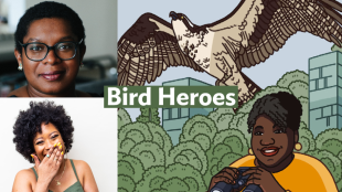 A graphic with the Bring Birds Back artwork on the right side, a photo of Ashley C. Ford in the top-left corner, and a photo of Tracy Clayton in the bottom-left corner.