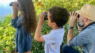 A little girl and boy with their father on a leafy bank, each using binoculars looking out toward the water