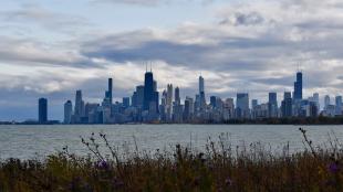 Chicago skyline beneath a partly cloudy sky, seen from The Magic Hedge at Montrose Point Bird Sanctuary