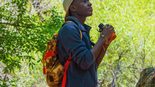 A photo of Isaiah Scott birding with binoculars in lush green habitat.