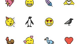 A collage of 12 emoji including, hearts, birds, and happy faces