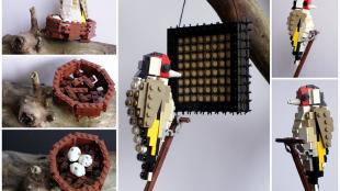 Collage of photos of a goldfinch, nest, and eggs all built from colorful LEGO blocks