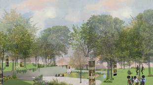 Architectural illustration depicting an urban oasis with bird habitat and space for community groups 