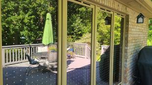Windows reflecting an outside deck and backyard; the windows have Feather Friendly dots on them to prevent bird crashes