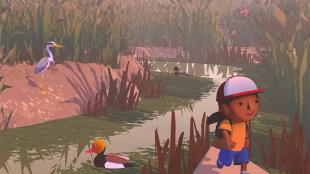 Artwork from Alba: A Wildlife Adventure video game showing character walking path near waterway with various birds and plants in the scene.
