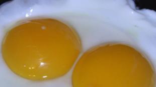 A double-yolked egg in frying pan