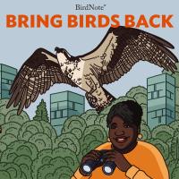 Illustration of a Baltimore Oriole, Osprey and American Tree Sparrow flying over our host, Tenijah Hamilton, smiling and holding binoculars, against a background of trees and tall buildings