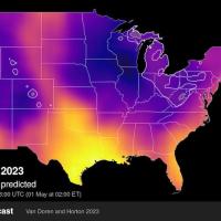 Bird migration forecast map for the night of May 1, 2023, from BirdCast