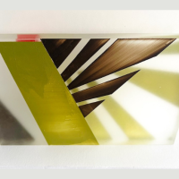 A painted plexiglass panel with an abstract depiction of a Ruby-crowned Kinglet